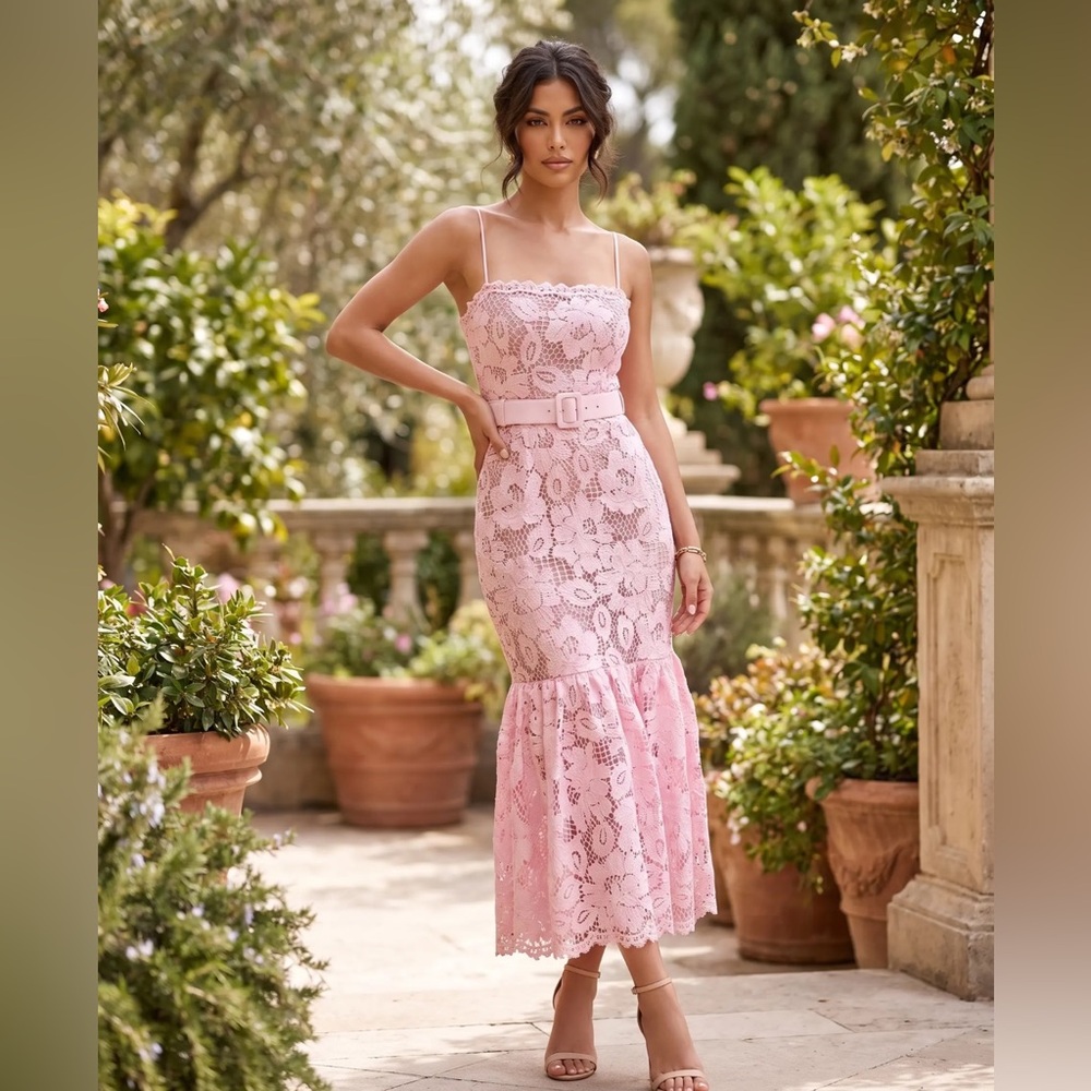 Self-Portrait Pink Crochet Lace Midi Dress-RRP$695